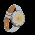 Digital Smartwatch With White Leather Strap Brown Inner Lining Yellow Flower Dial Silver Metal Bezel