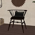 Dark Wooden Dining Chair With Striped Cushion Woven Wall Decor Hanging Lamp And Green Plant