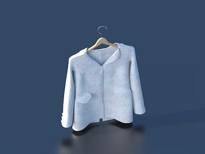Light Blue Coat Hanging on Wooden Hanger Against Dark Blue Background 3d model