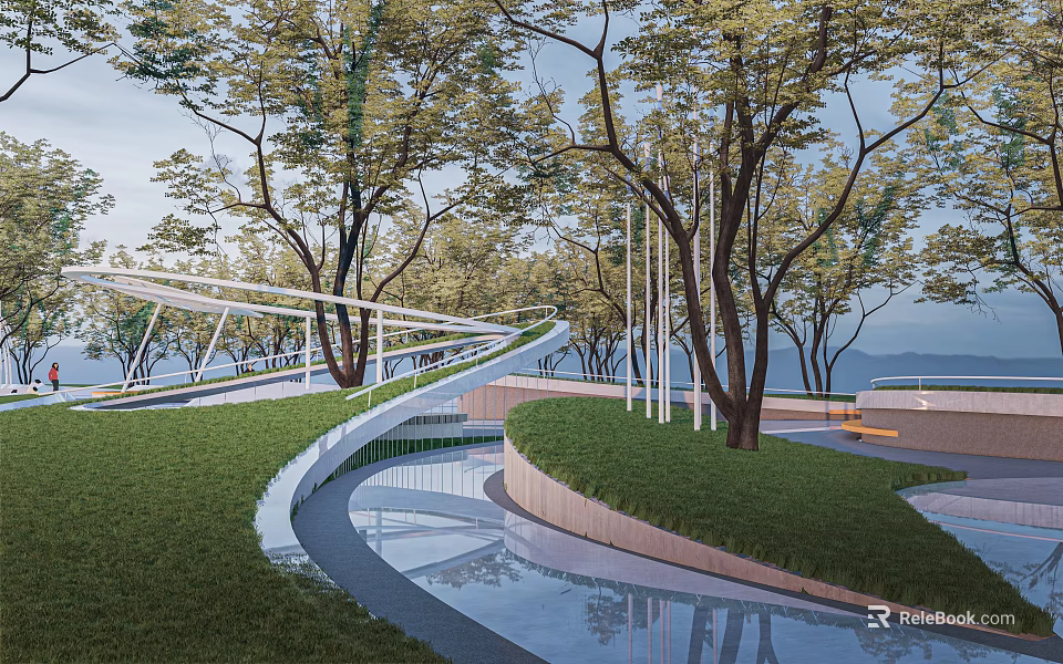 Scenic Park Landscape With Curved Walkway Green Lawn Trees And Reflective Water 3d model 