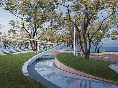Scenic Park Landscape With Curved Walkway Green Lawn Trees And Reflective Water 3d model