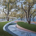 Scenic Park Landscape With Curved Walkway Green Lawn Trees And Reflective Water