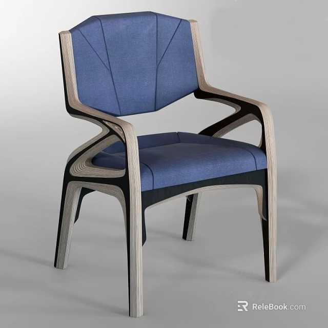Modern Accent Chair With Blue Padded Seat Backrest And Curved Wooden Frame 3d model 