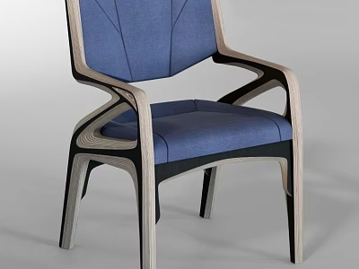 Modern Accent Chair With Blue Padded Seat Backrest And Curved Wooden Frame 3d model