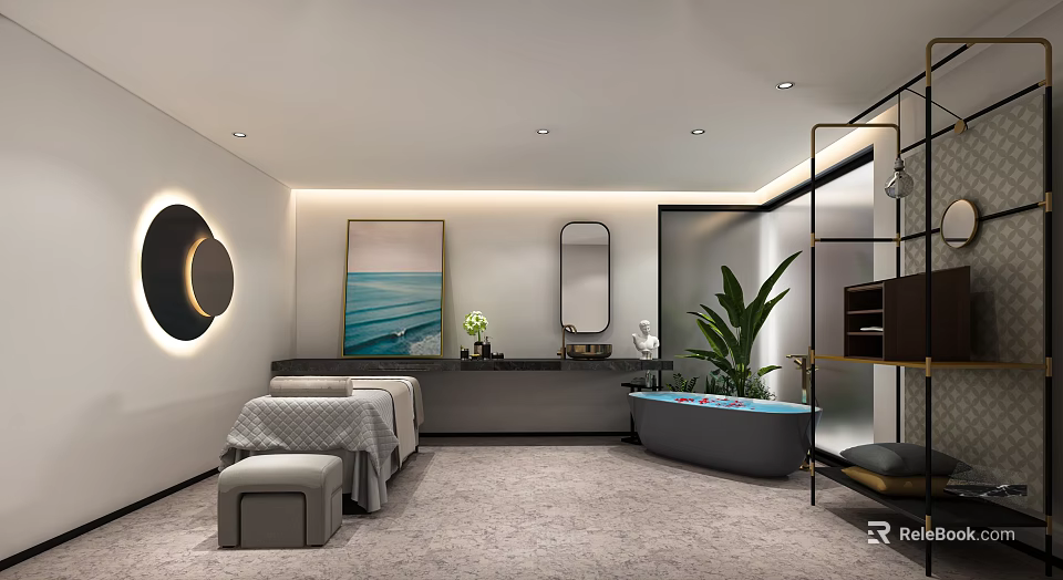 Modern SPA Sauna Interior With Massage Bed Bathtub Green Plant And Decorative Painting 3d model 