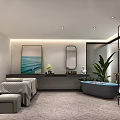 Modern SPA Sauna Interior With Massage Bed Bathtub Green Plant And Decorative Painting