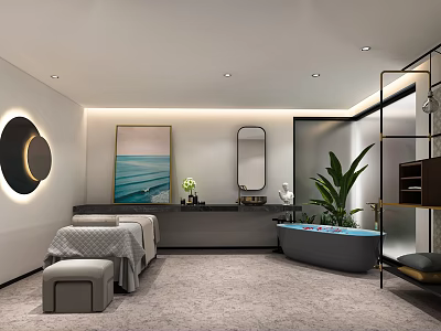 Modern SPA Sauna Interior With Massage Bed Bathtub Green Plant And Decorative Painting 3d model