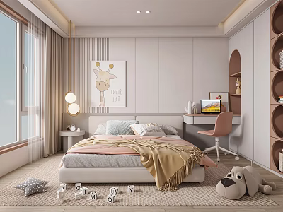 Cozy Modern Kids Room Featuring Bed Desk Giraffe Painting Alphabet Blocks And Stuffed Toy 3d model