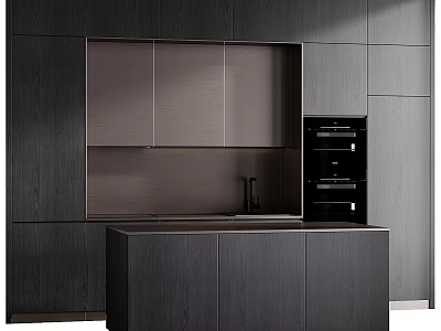 Sleek Modern Kitchen Interior With Dark Wood Cabinets Countertop And Built in Ovens 3d model