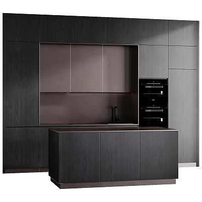 Sleek Modern Kitchen Interior With Dark Wood Cabinets Countertop And Built in Ovens 3d model