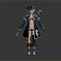 Female Pirate Character With Parrot Companion And Dual Pistols In Blue And White Outfit