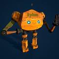 Orange Robot Character With Green Eyes Waving Hand And Mechanical Body