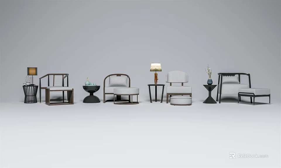 Contemporary Single Sofa Arrangement with Modern Side Tables Lamps and Decorative Vases 3d model 