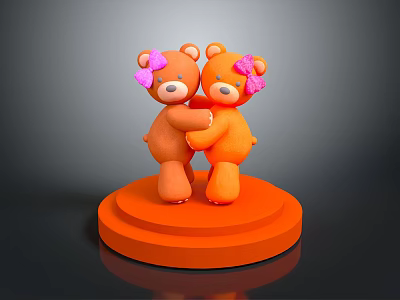 Cute Orange Teddy Bears With Pink Bows Hugging On Round Orange Base 3d model