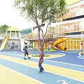 Colorful Outdoor Playground With Circular Designs Slides And Building Background
