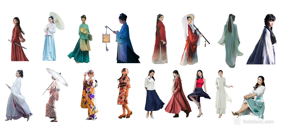 Group of People Wearing Traditional and Modern Attire Including Hanfu Kimono Qipao and Dresses 3d model 