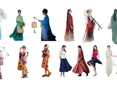 Group of People Wearing Traditional and Modern Attire Including Hanfu Kimono Qipao and Dresses 3d model
