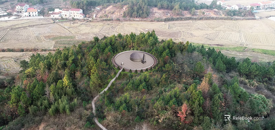 Aerial View Of Circular Building Surrounded By Lush Trees Path Farmland And Distant Houses 3d model 