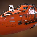 Orange Warship Rescue Boat With Orange Hull Windows Railing And Life Saving Gear