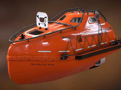 Orange Warship Rescue Boat With Orange Hull Windows Railing And Life Saving Gear 3d model