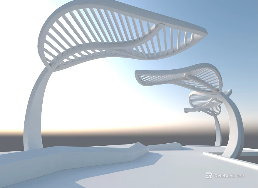 Modern Curved Pergola Design With White Structure And Open Air Setting 3d model