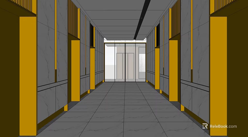 Modern Elevator Hallway Interior Design With Paneled Walls And Tiled Floor 3d model