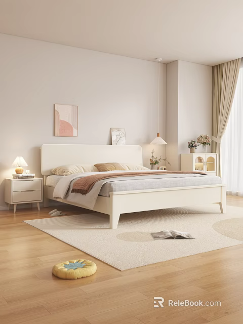 Modern Bedroom Interior Design With White Bed Nightstand Lamp Wall Art Curtains And Rug 3d model 