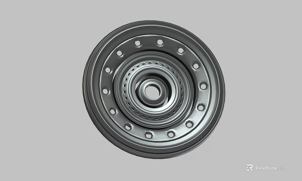 Metallic Automotive Wheel Rim With Multi Layered Design And Perforated Outer Ring 3d model 