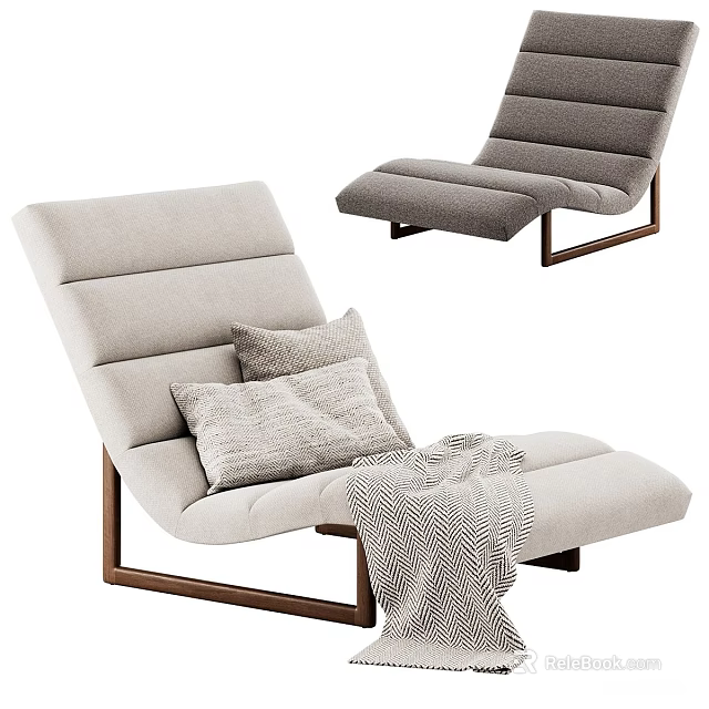 Comfortable Beige Lounge Chair With Wooden Frame Soft Pillows And Throw Blanket 3d model 