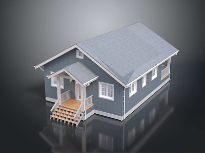 Single Story Blue House With Gray Roof Front Porch Wooden Steps And White Windows 3d model