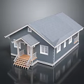 Single Story Blue House With Gray Roof Front Porch Wooden Steps And White Windows