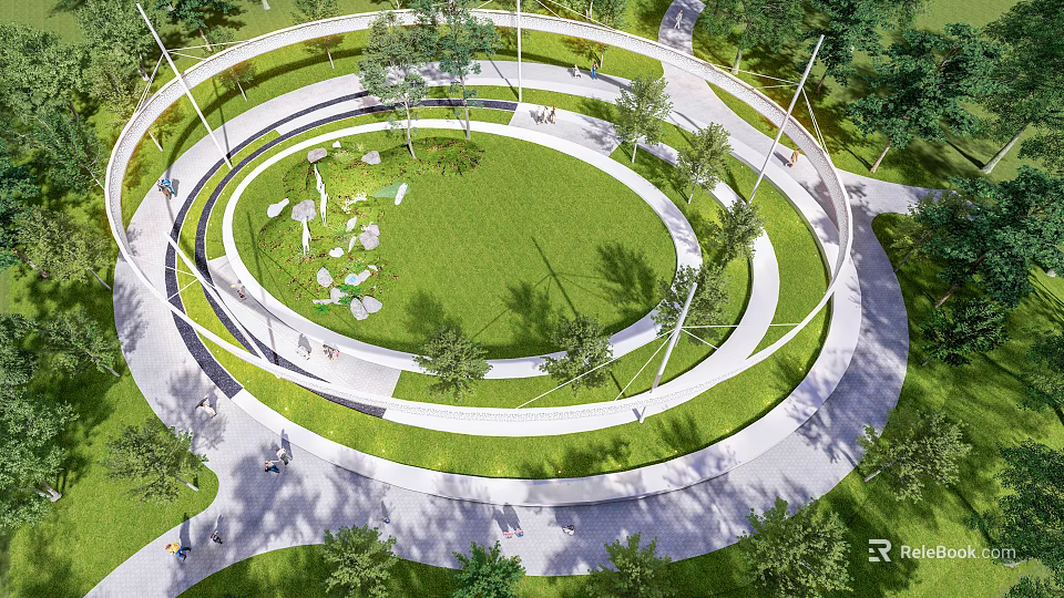 Modern Outdoor Sports Equipment Along Circular Path With Green Lawn And Trees 3d model 