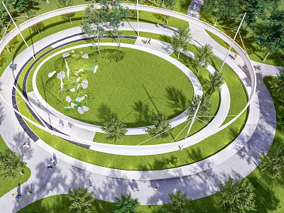 Modern Outdoor Sports Equipment Along Circular Path With Green Lawn And Trees 3d model