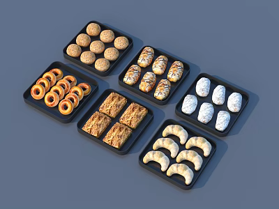 Assorted Sweet Treats Displayed On Trays Including Donuts Cookies And Pastries 3d model