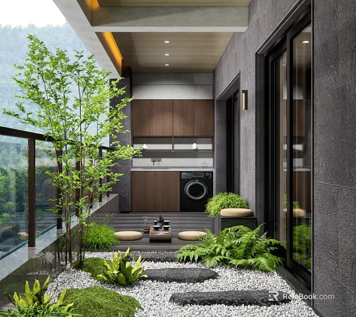 Modern Home Balcony Design With Lush Green Plants Small Furniture And Natural Pebbles 3d model 