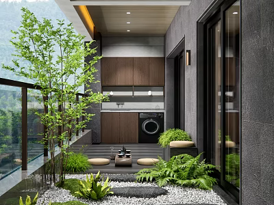 Modern Home Balcony Design With Lush Green Plants Small Furniture And Natural Pebbles 3d model