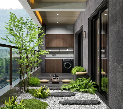 Modern Home Balcony Design With Lush Green Plants Small Furniture And Natural Pebbles 3d model