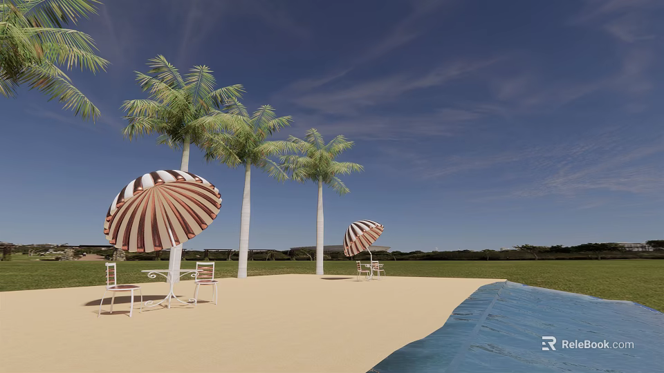 Relaxing Outdoor Table Setup with Palm Trees Striped Umbrellas Beach Area Near Pool 3d model 
