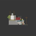 3D Model of Small Buildings with Red Blue Roofs Staircase Green Tree and Street Lamp