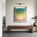 Abstract Painting with Soft Gradient Colors in Modern Interior With Wooden Bench And Plant