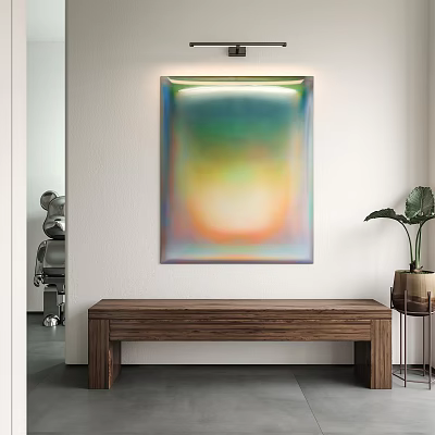 Abstract Painting with Soft Gradient Colors in Modern Interior With Wooden Bench And Plant 3d model