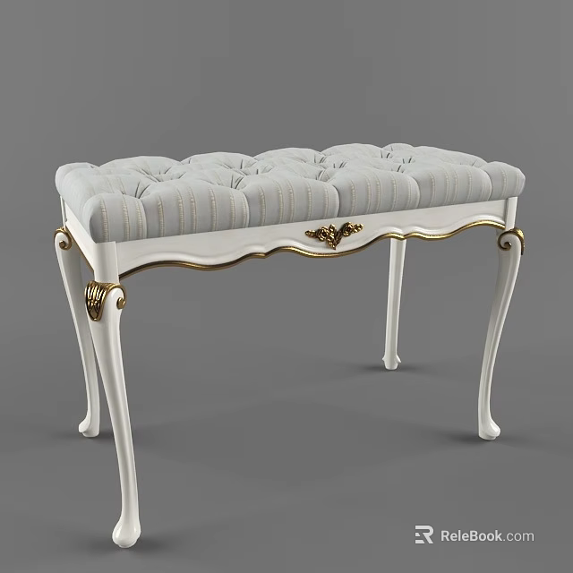 Elegant White Sofa Bench With Gold Accents And Striped Tufted Upholstery 3d model 
