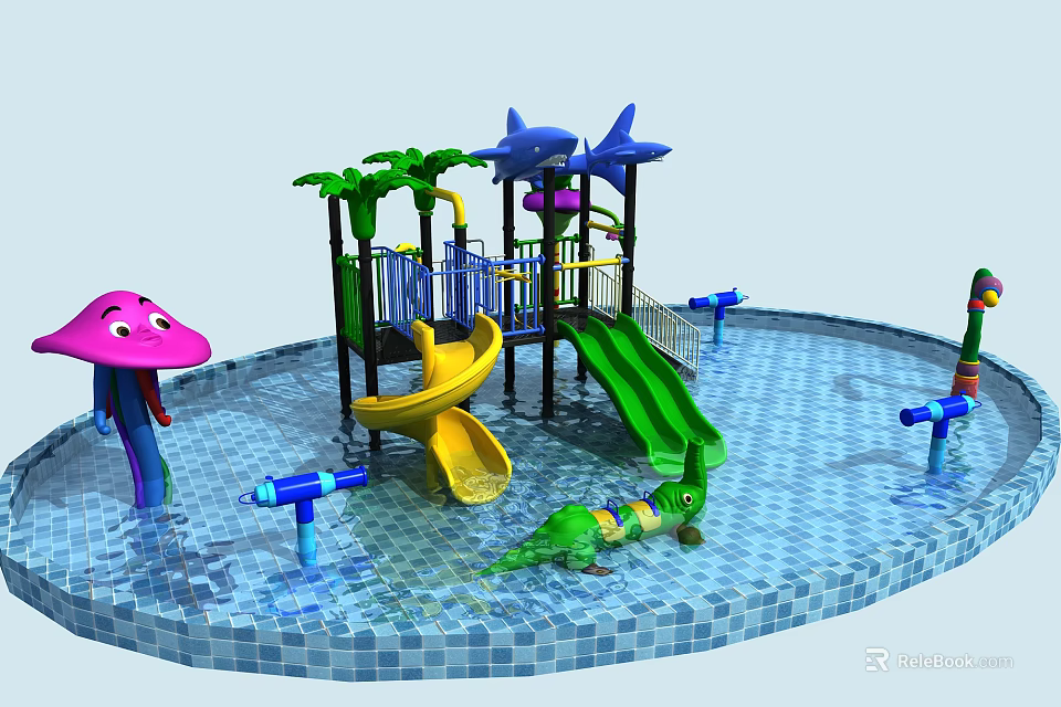 Colorful Water Park Play Equipment With Slides Shark Shaped Top Palm Trees And Jellyfish Decor 3d model 