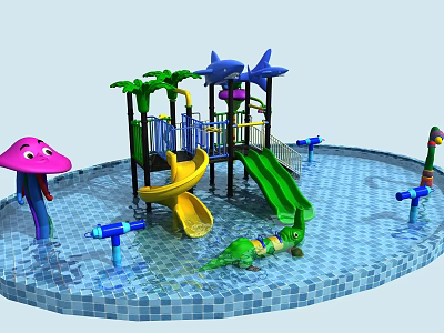 Colorful Water Park Play Equipment With Slides Shark Shaped Top Palm Trees And Jellyfish Decor 3d model
