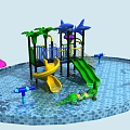 Colorful Water Park Play Equipment With Slides Shark Shaped Top Palm Trees And Jellyfish Decor