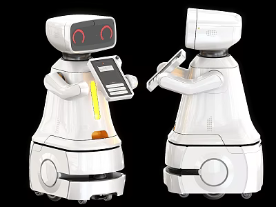 Two White Intelligent Robots Interacting With Digital Tablets In Modern Design 3d model