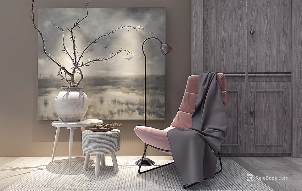 Pink Single Sofa With Gray Blanket Floor Lamp White Round Side Table And Small Stool 3d model