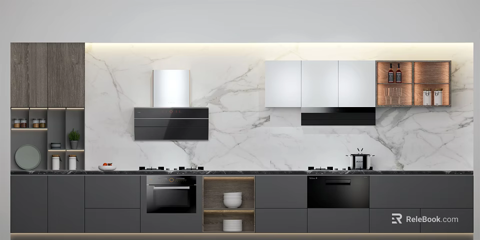 Modern Kitchen Design With White Cabinets Marble Backsplash And Black Appliances 3d model 