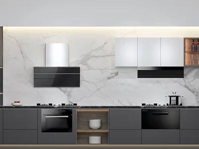 Modern Kitchen Design With White Cabinets Marble Backsplash And Black Appliances 3d model