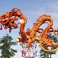 Vibrant Dragon Garden Ornament Sculpture With Red Pillars And Green Trees